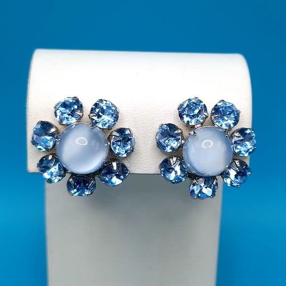 Vintage Light Blue Rhinestone Clip Earrings, Faux Moonstone, Silver Tone - Picture 2 of 11
